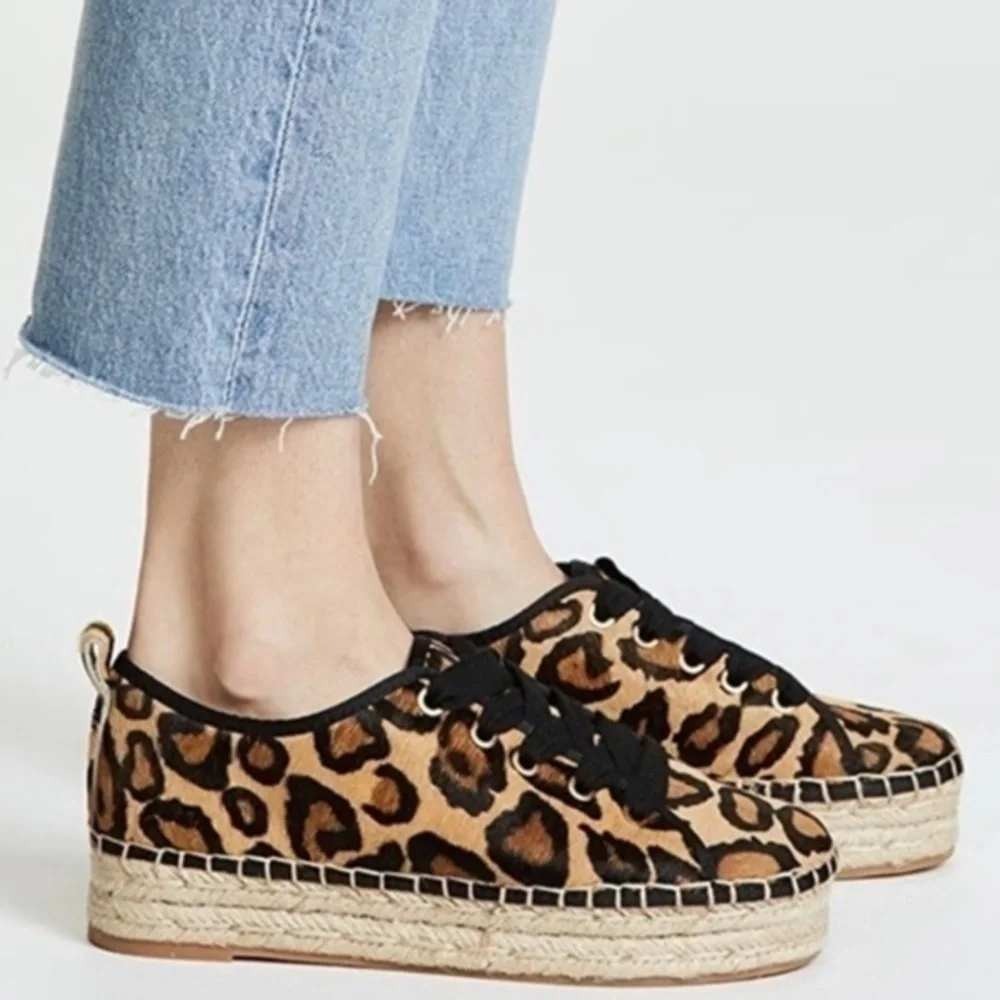 Sam Edelman Leopard Calf Hair Espadrille Sneakers Tan Black Womens Size 10